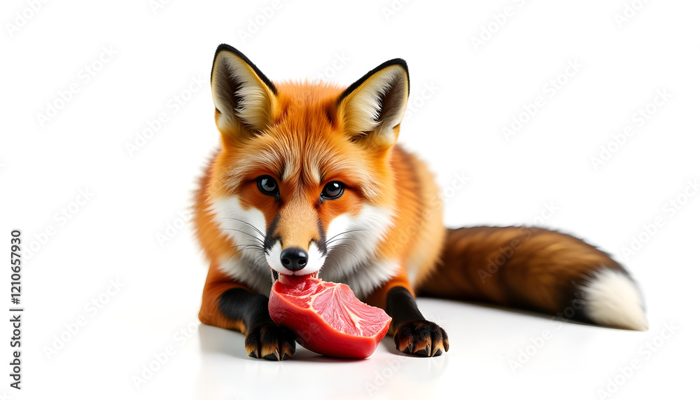 Obraz premium Fox eating meat against a white background