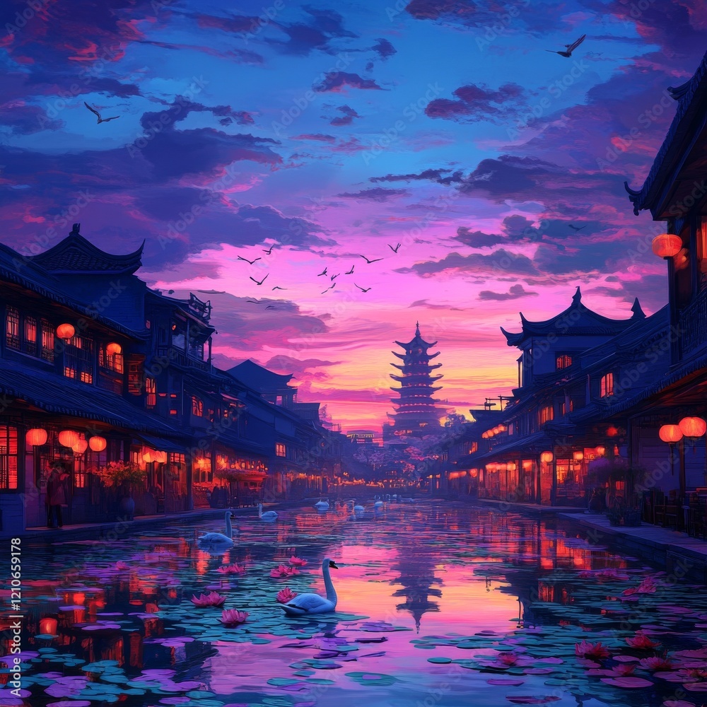 Obraz premium The early morning light bathes a serene Asian village, showcasing a canal, swans, blooming cherry blossom trees, and the picturesque traditional houses