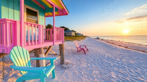 On the sandy beach, a lifeguard house with a rainbow of colors emerges as the sun comes up