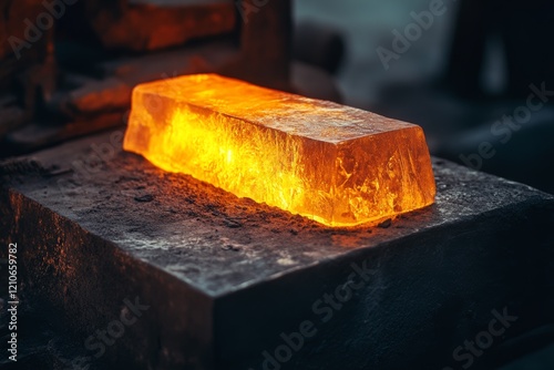 A glowing hot metal bar rests on a dark, industrial surface, radiating an intense fiery aura.