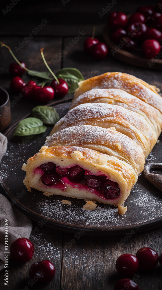 Vertical cherry strudel with powdered sugar