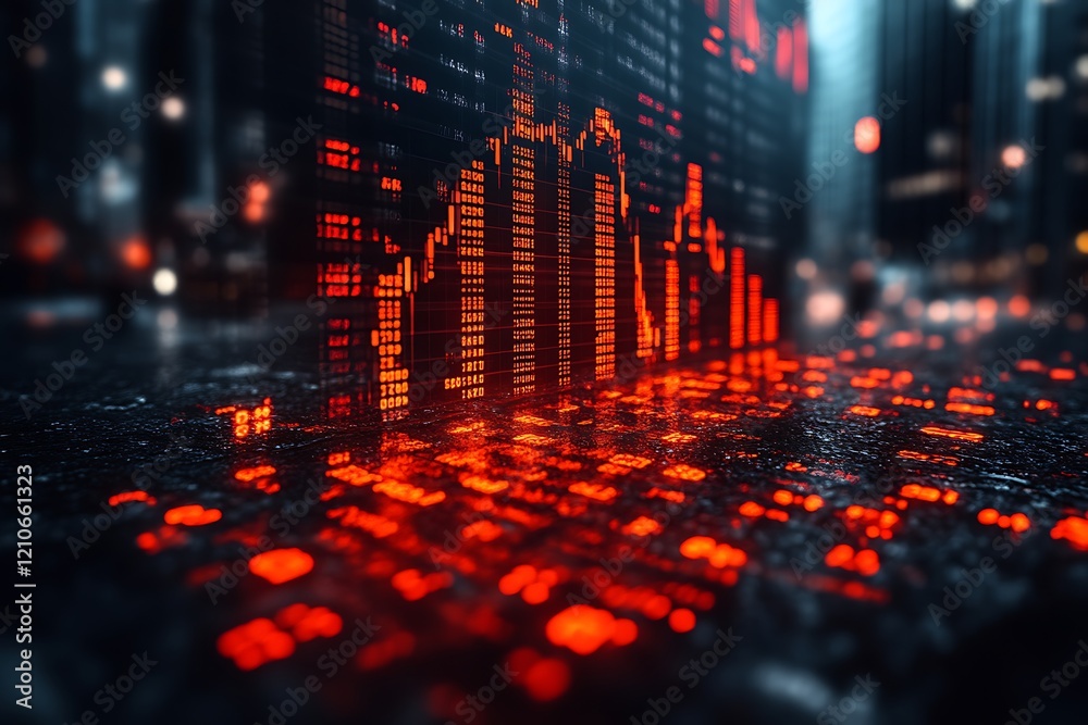 Fototapeta premium Stock market crash reflected on city street at night.