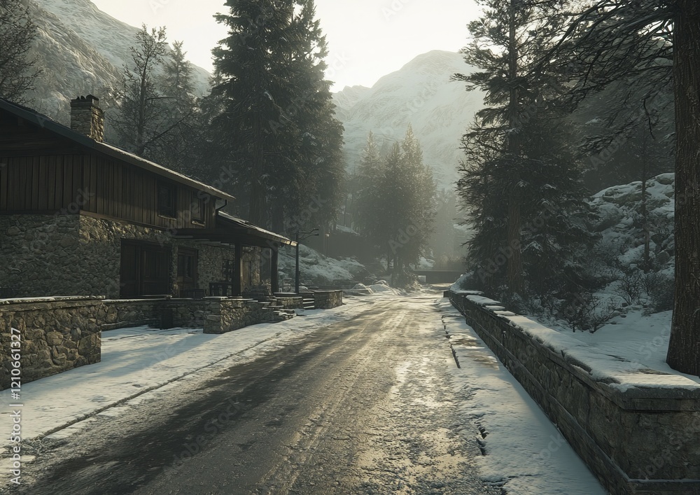 Fototapeta premium Tilt-Shift Photography of a Charming Wooden Cabin in the Majestic Mountain Range