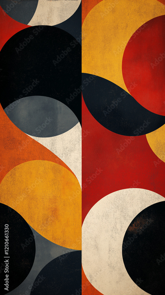 Bold rounded forms in red, yellow ochre, black and gray with text space