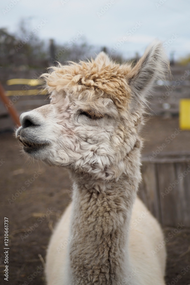 Close-up portrait of a fluffy alpaca with curly fur and a peaceful expression, set in a rural outdoor farm environment. Close-up portrait of a fluffy alpaca with curly fur and a peaceful expression, set in a rural outdoor farm environment.