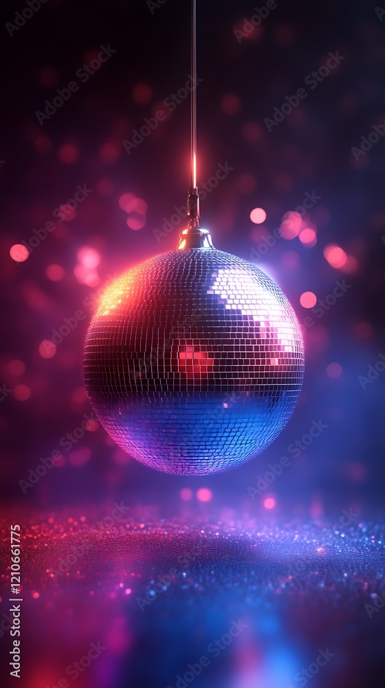 Fototapeta premium Disco ball hanging, reflecting colorful lights.