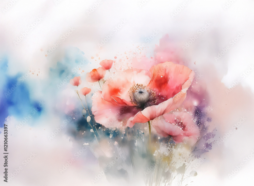 Fototapeta premium A watercolor painting of poppies in soft pink and red hues against a dreamy, blurred background of blue and purple washes. Delicate details and subtle color transitions create a serene atmosphere.