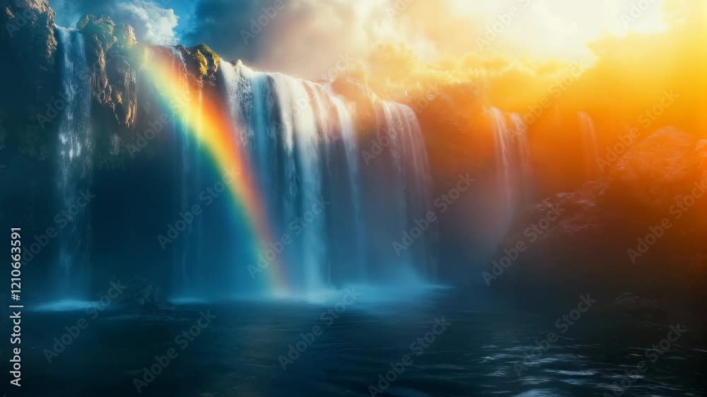 Majestic waterfall with sunlit rainbow in misty tropical landscape