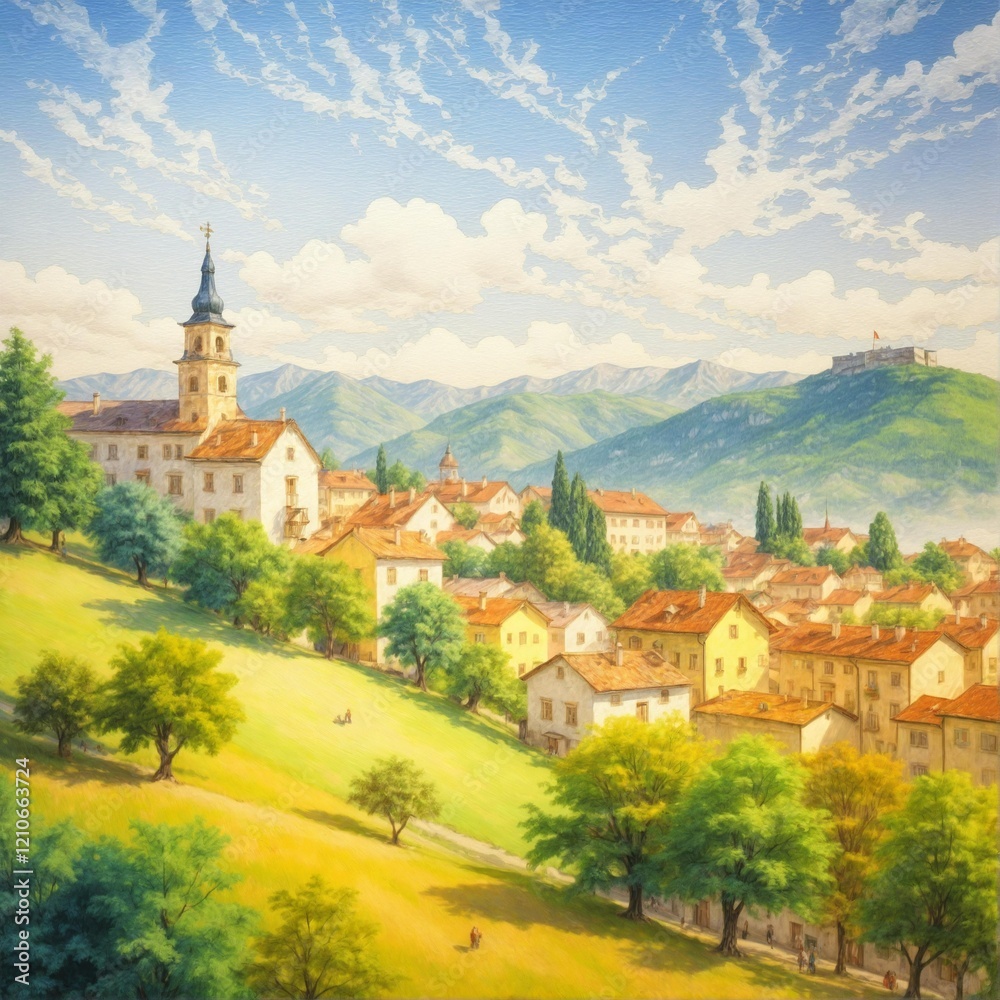 Fototapeta premium Scenic Village Mountainside Historical Architecture Greenery Sky