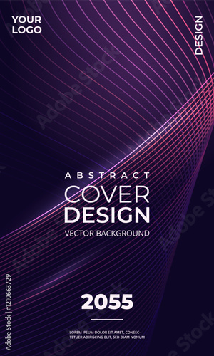 Abstract modern vertical cover background with glowing purple and pink wavy lines. Vector illustration music festival concept