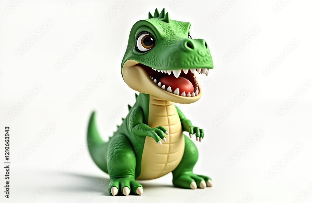 Cute green T-Rex dinosaur toy stands on white background. Smiling expression with open mouth. 3D rendering illustration suitable for kids products educational materials. Perfect for children books Cute green T-Rex dinosaur toy stands on white background. Smiling expression with open mouth. 3D rendering illustration suitable for kids products educational materials. Perfect for children books
