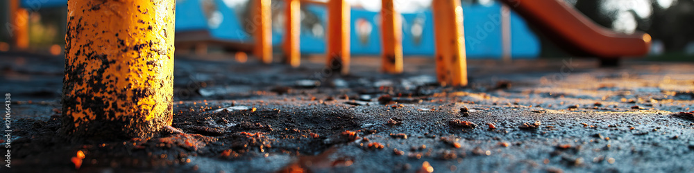 Fototapeta premium Playground Surface with Yellow Metal Posts and Playground Equipment in Background