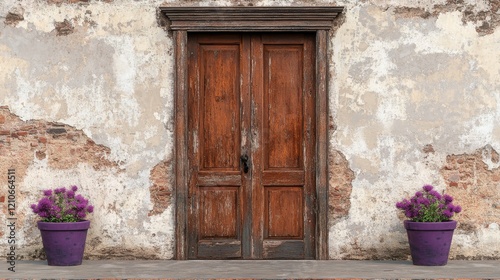 A rustic stone house's entrance showcases a wooden door and planters