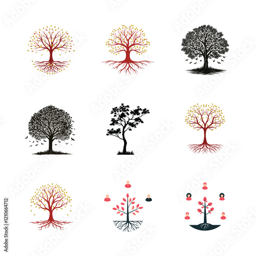 set of nine trees vector