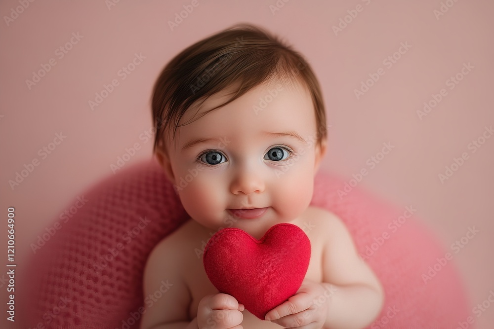 beautiful portrait cute little baby holding red heart on pastel pink background beautiful portrait cute little baby holding red heart on pastel pink background