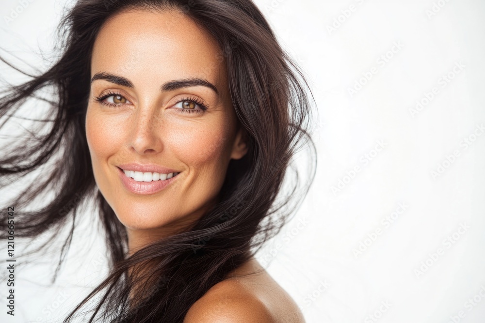 Portrait of a happy woman with long brown hair and a warm smile