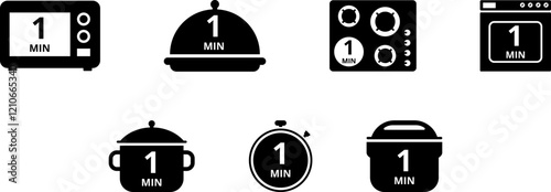 Cooking time and pot, oven, multicooker, microwave, stove, baking dish, saucepan and timer icon set. Cook for 1, 2, 5, 10, 15, 20, 25, 30, 40, 45, 50, 60 minutes vector icon.