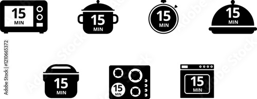 Cooking time and pot, oven, multicooker, microwave, stove, baking dish, saucepan and timer icon set. Cook for 1, 2, 5, 10, 15, 20, 25, 30, 40, 45, 50, 60 minutes vector icon.