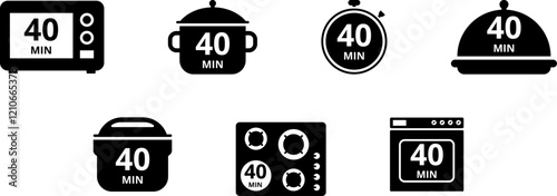 Cooking time and pot, oven, multicooker, microwave, stove, baking dish, saucepan and timer icon set. Cook for 1, 2, 5, 10, 15, 20, 25, 30, 40, 45, 50, 60 minutes vector icon.