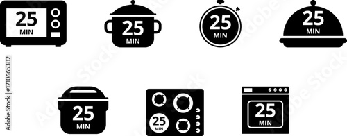 Cooking time and pot, oven, multicooker, microwave, stove, baking dish, saucepan and timer icon set. Cook for 1, 2, 5, 10, 15, 20, 25, 30, 40, 45, 50, 60 minutes vector icon.