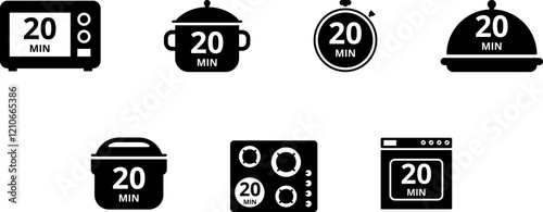 Cooking time and pot, oven, multicooker, microwave, stove, baking dish, saucepan and timer icon set. Cook for 1, 2, 5, 10, 15, 20, 25, 30, 40, 45, 50, 60 minutes vector icon.