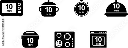 Cooking time and pot, oven, multicooker, microwave, stove, baking dish, saucepan and timer icon set. Cook for 1, 2, 5, 10, 15, 20, 25, 30, 40, 45, 50, 60 minutes vector icon.