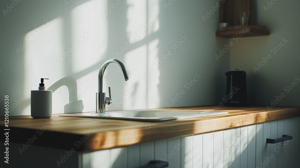 Fototapeta premium A modern kitchen sink with a soap dispenser attached, ready for use