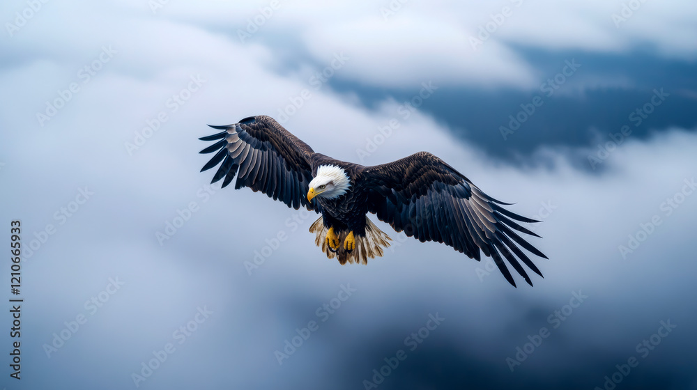 Naklejka premium Bald eagle soaring gracefully through clouds in the sky during daylight hours