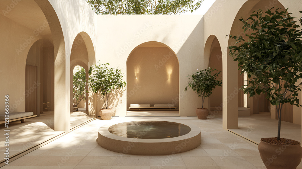Fototapeta premium Serene courtyard with arched walkways, potted plants, and a central water feature. Sunlight bathes the minimalist architecture.