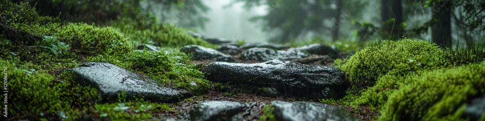 Moss-Covered Rock Path in Misty Forest Moss-Covered Rock Path in Misty Forest