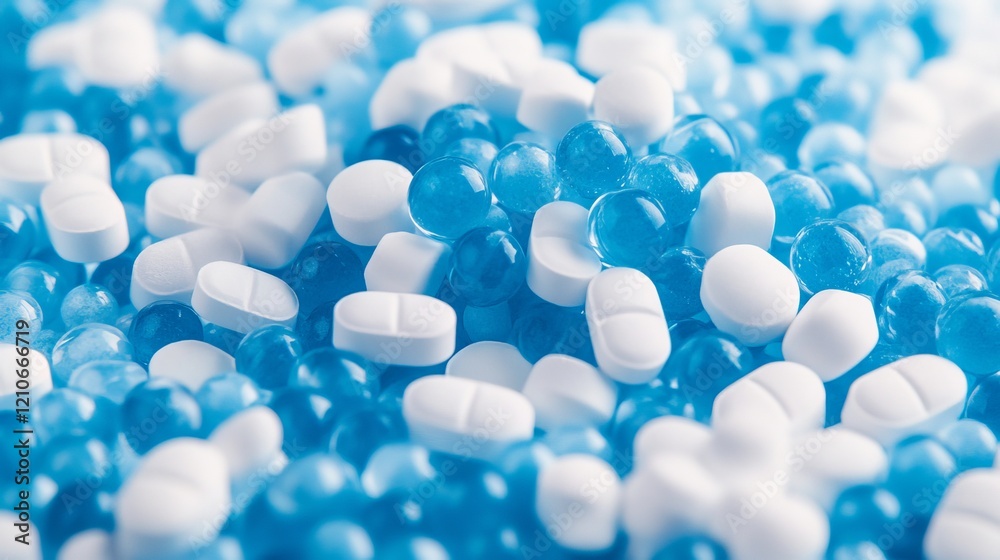 Blue and white capsules spilling from a plastic pill bottle Blue and white capsules spilling from a plastic pill bottle