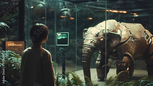 A futuristic zoo where robotic animals interact with