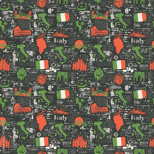 Vector seamless pattern on the theme of Italy with Italian architectural landmarks and a map in the colors of the Italian flag on black background. Suitable for Wallpaper, wrapping paper, fabric