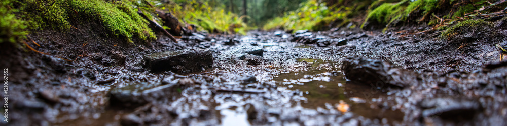 Muddy Forest Trail with Rocks and Moss Muddy Forest Trail with Rocks and Moss