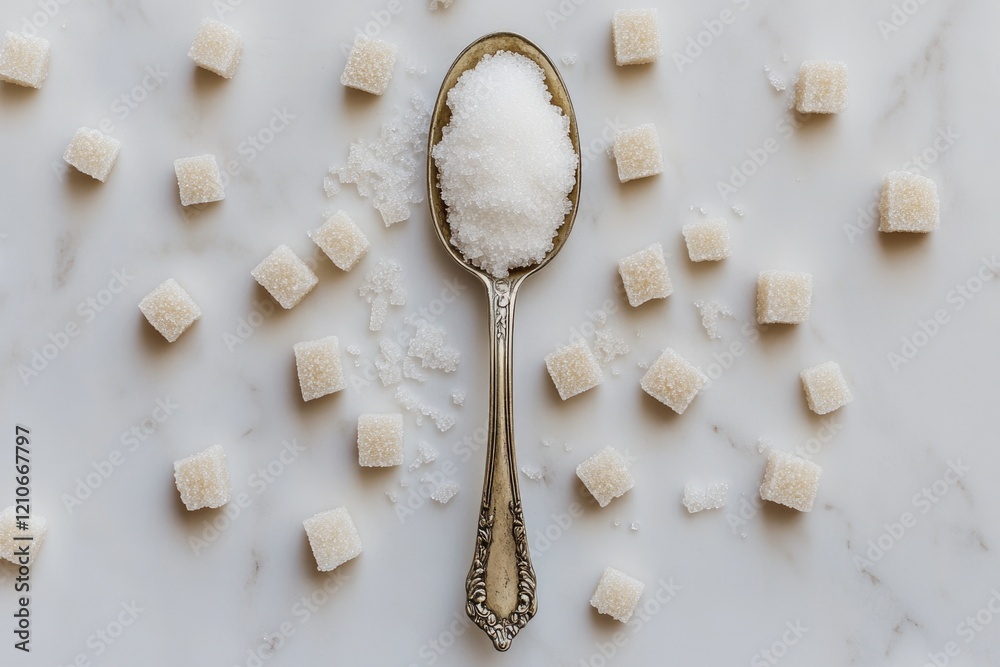 A spoon filled with sugar sits on a table, ready for use A spoon filled with sugar sits on a table, ready for use