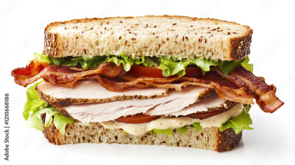 A gourmet turkey club sandwich with roasted turkey breast, crispy bacon, lettuce A gourmet turkey club sandwich with roasted turkey breast, crispy bacon, lettuce