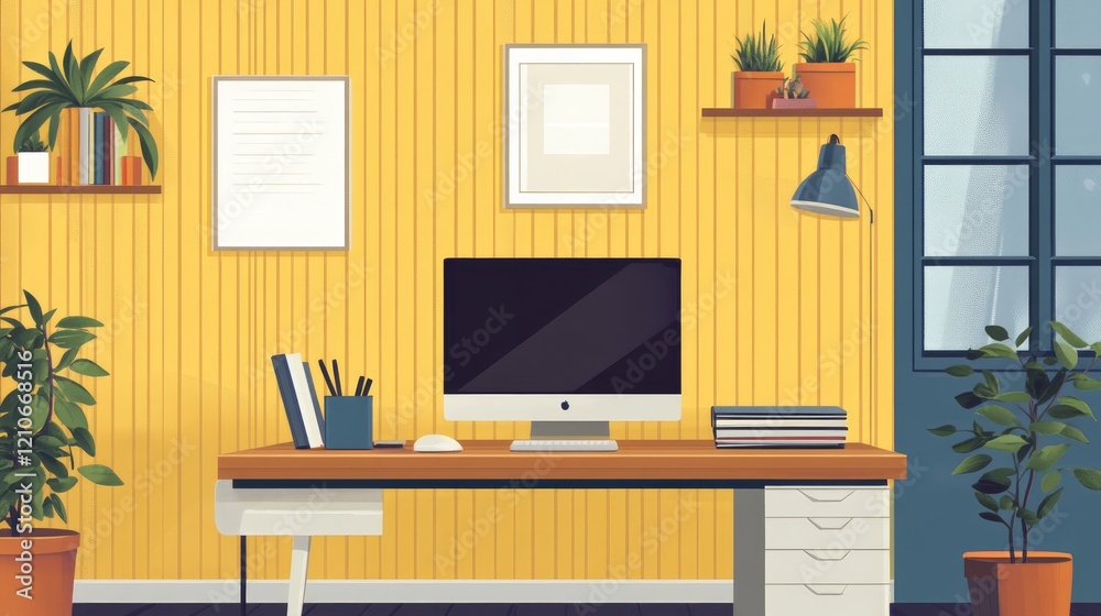 A home workspace with a computer on a wooden desk A home workspace with a computer on a wooden desk