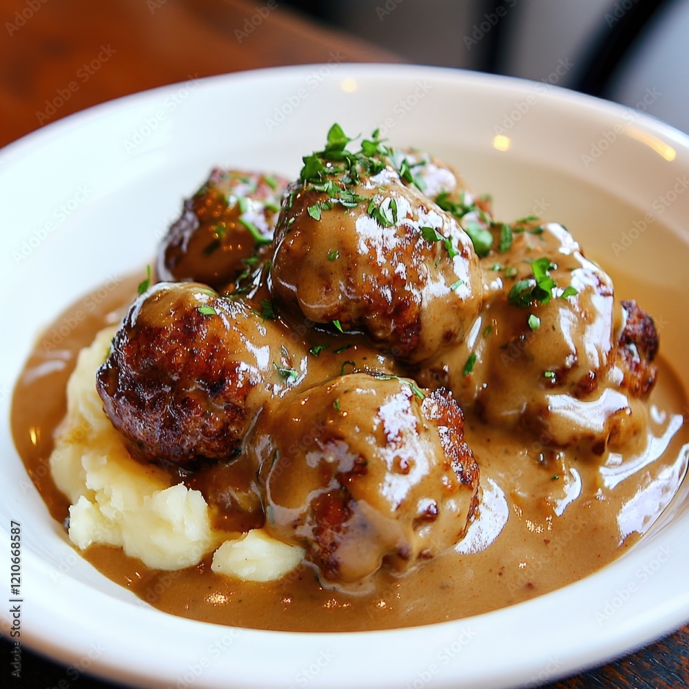 A white plate filled with meatballs smothered in savory gravy A white plate filled with meatballs smothered in savory gravy