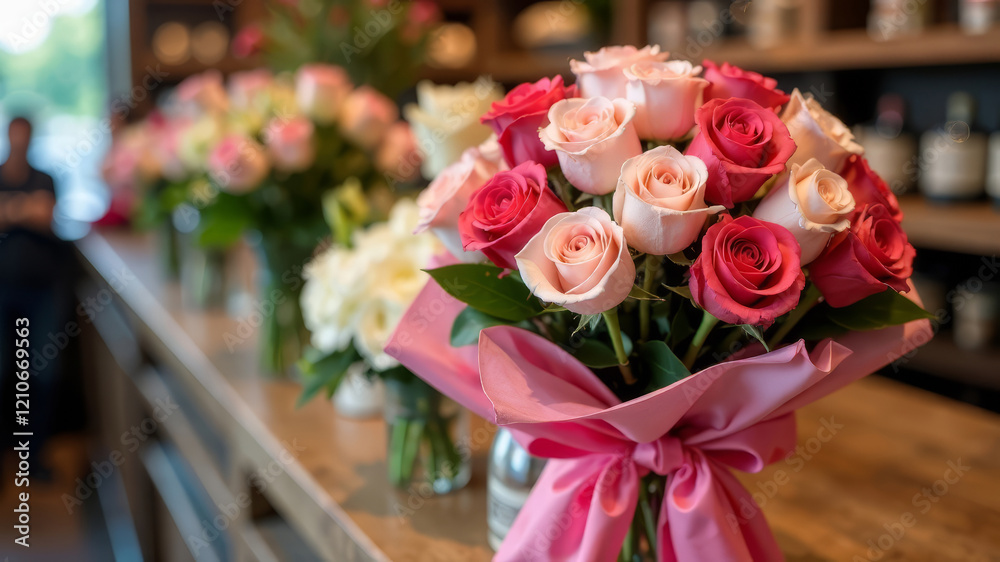 Beautiful bouquet of pink roses on counter in flower shop, mock up, copy space Beautiful bouquet of pink roses on counter in flower shop, mock up, copy space