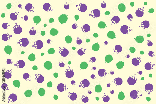 Purple Mangosteen, Green Durian, Liu Lian Asia tropical fruit seamless background texture, freshness fruit and drink, gift, present box paper, backdrop
