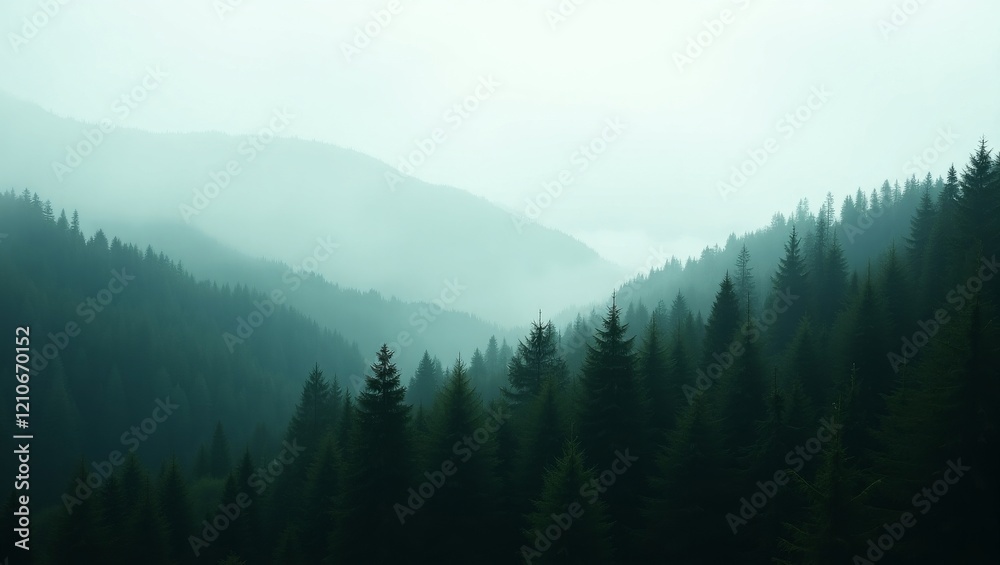 Misty evergreen forest landscape Misty evergreen forest landscape