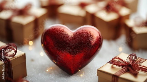 A glossy red heart surrounded by elegant golden gift boxes.