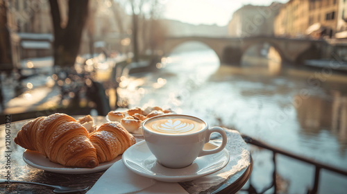 A cup of cappuccino and croissants on a wooden table overlooking a serene river with an arched bridge in soft sunlight
