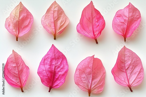 A collection of five pink Mediterranean Bougainvillea flowers, isolated on a transparent background, serving as a vibrant floral design element, viewed from above photo