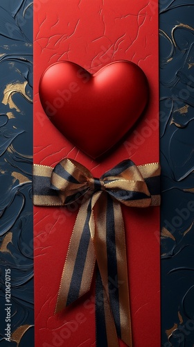 Red heart with yellow ribbon tied in a bow on a vibrant red background.