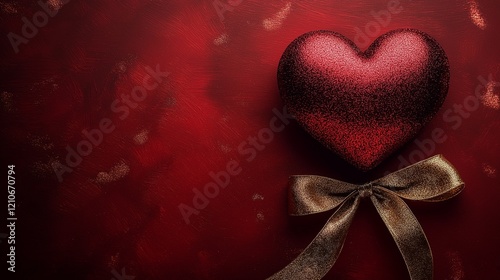 Red heart with yellow ribbon tied in a bow on a vibrant red background.