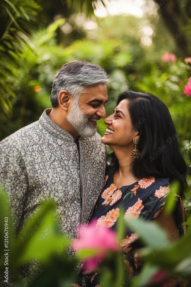 Fototapeta premium A couple standing together in a beautiful garden setting