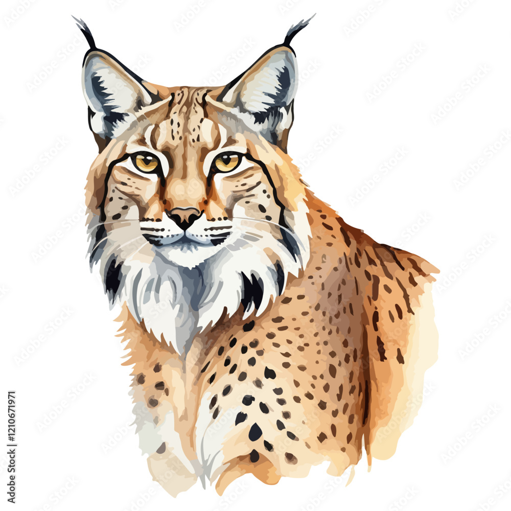 Fototapeta premium Hand drawn watercolor painting of a Lynx, wild feline animal. Cute forest cat, beast isolated on white background. Arctic animal vector illustration 