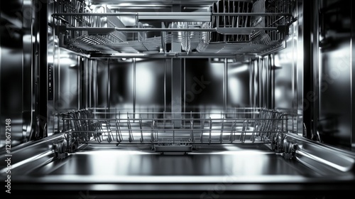 An open and empty dishwasher in a clean modern kitchen.

