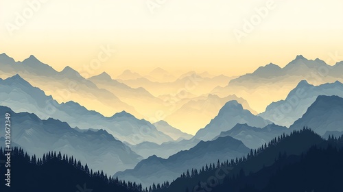 Serene Mountain Range at Sunrise Golden Hues